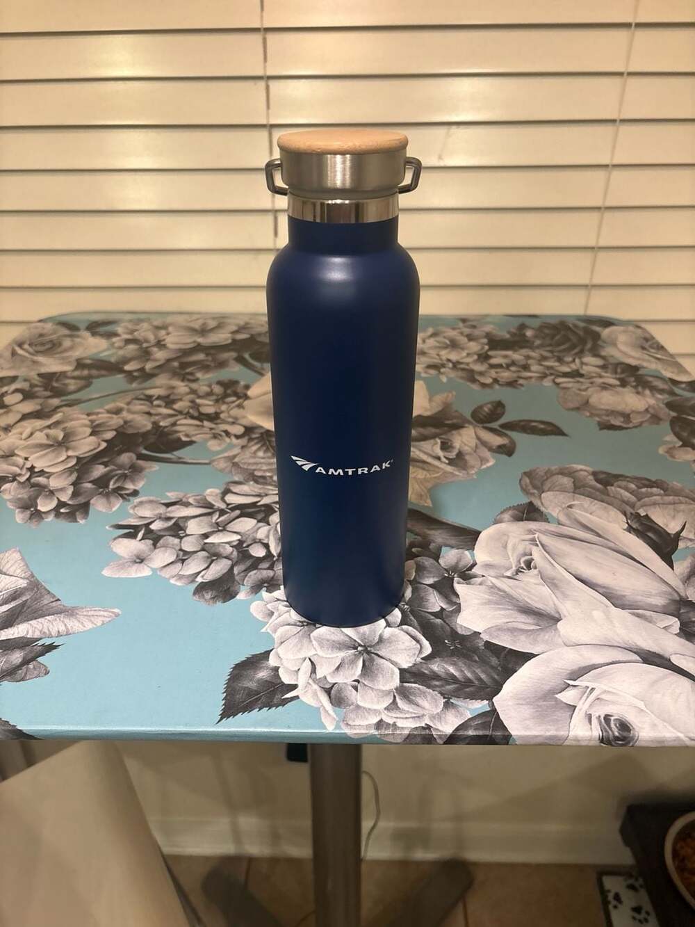 Amtrak Stainless Steel Vacuum Insulated Water Bottle with Bamboo Lid, Blue